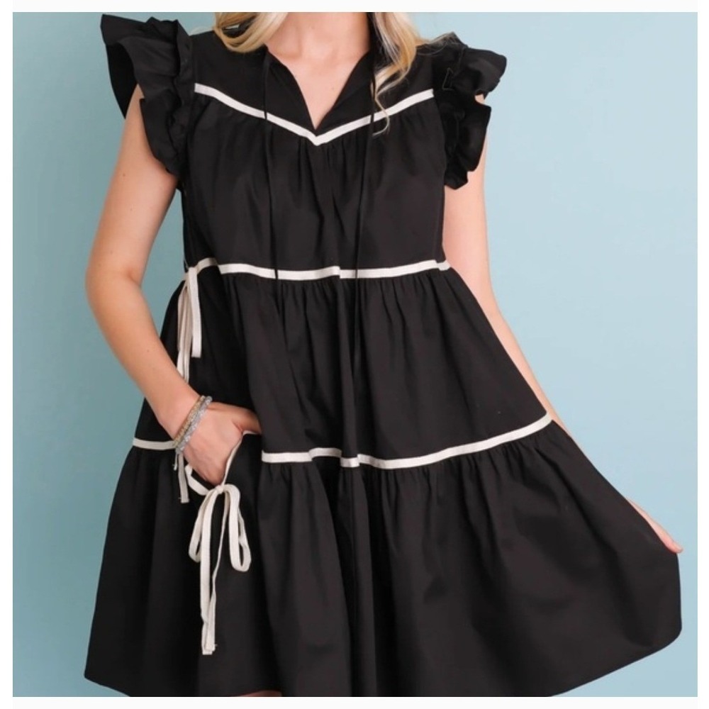 Sofie the Label Black Cotton Tiered Mini Dress Ruffle Side Tie Womens XS Doll